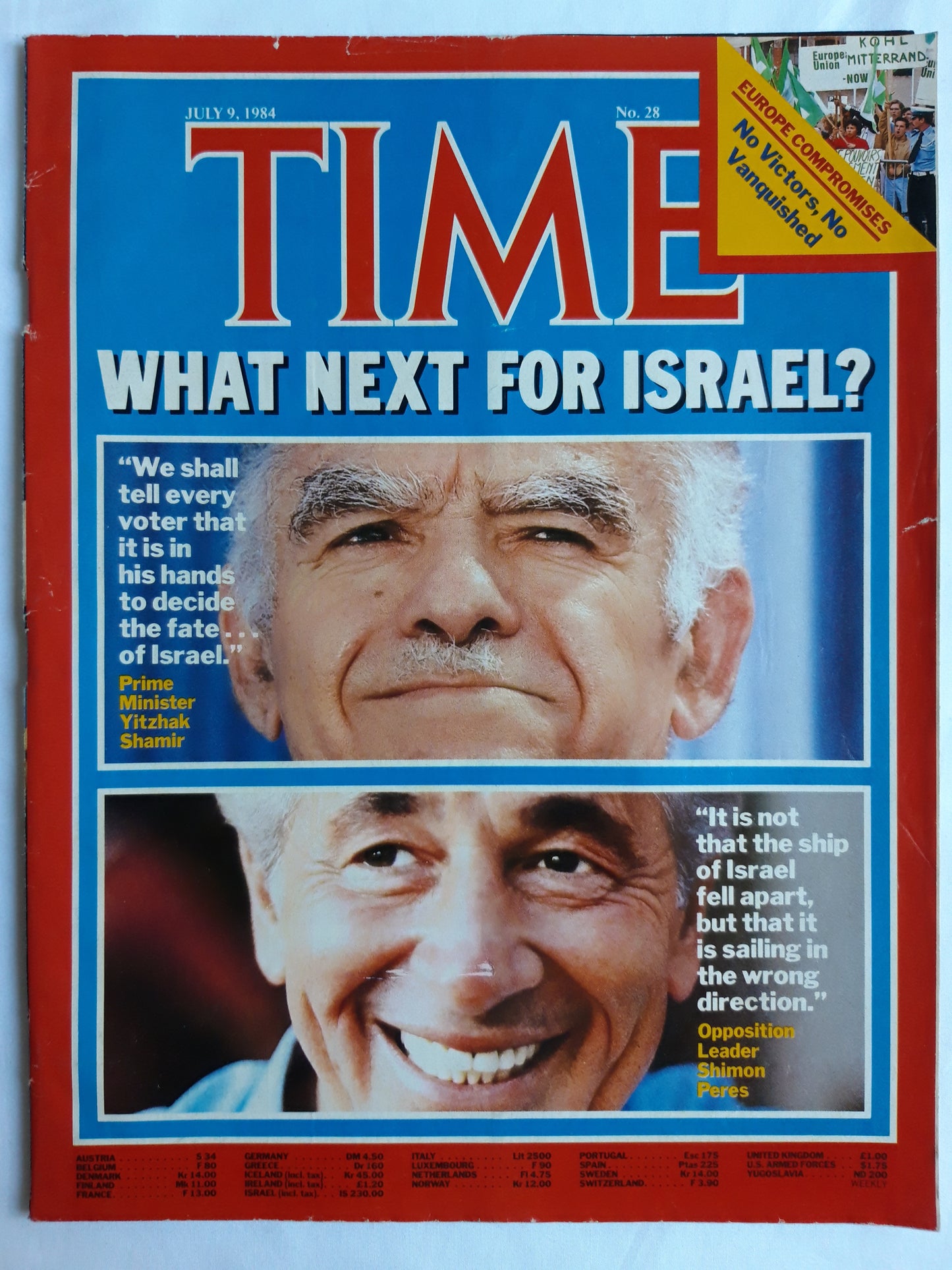 Time magazine What Next for Israel? Prime Minister Yitzhak Shamir Opposition Leader Shimon Peres Europe Compromises 09.07.1984 Juli 1984 No.28